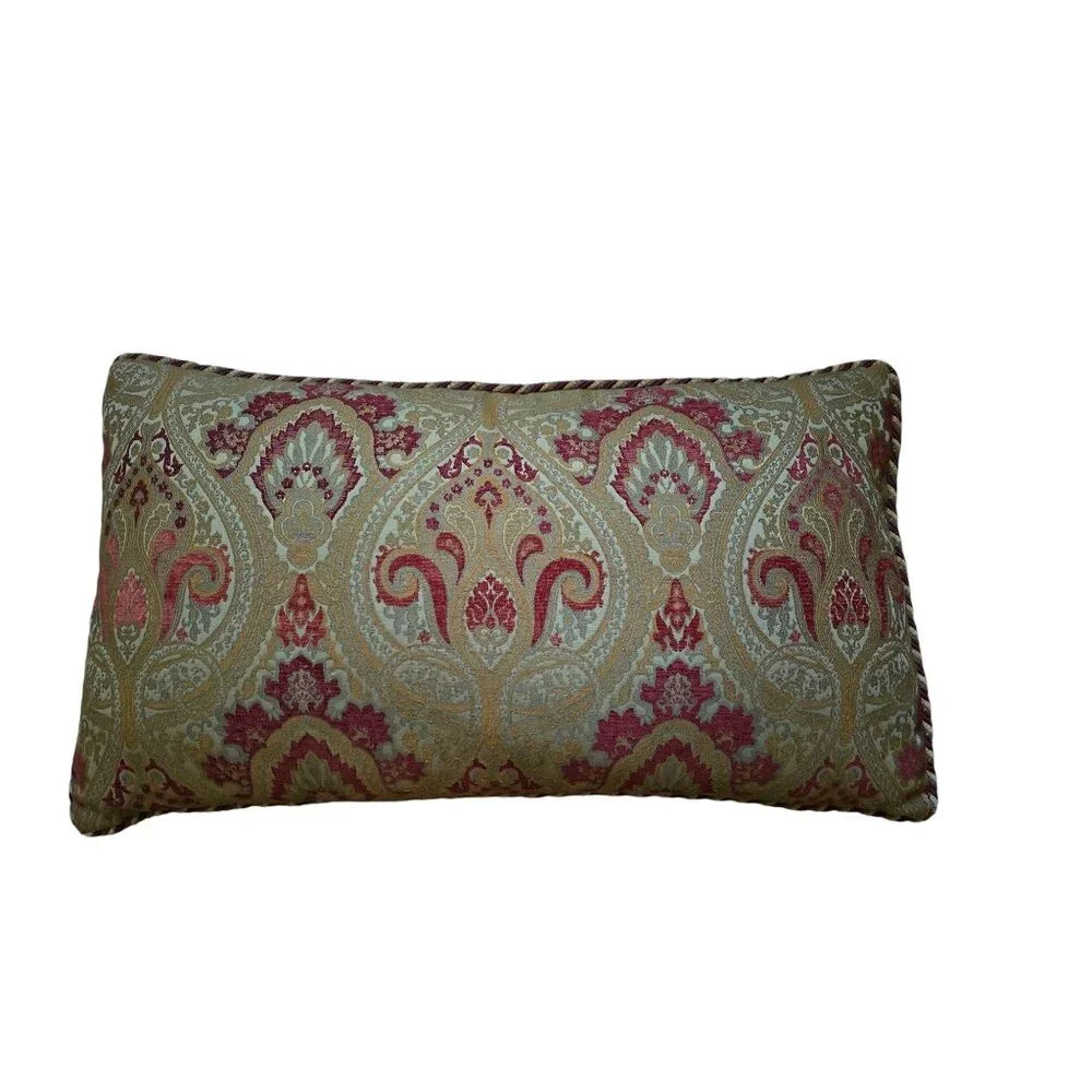Gold & Red Jacquard Throw Pillow With Braided Trim 35